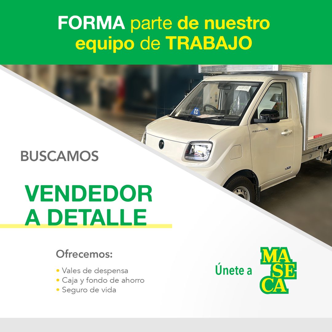 Banner del anuncio de la vacante: FORMA parte de nuestro · equipo de TRABAJO · BUSCAMOS · VENDEDOR · A DETALLE · Ofrecemos: · • Vales de despensa · • Caja y fondo de ahorro ·