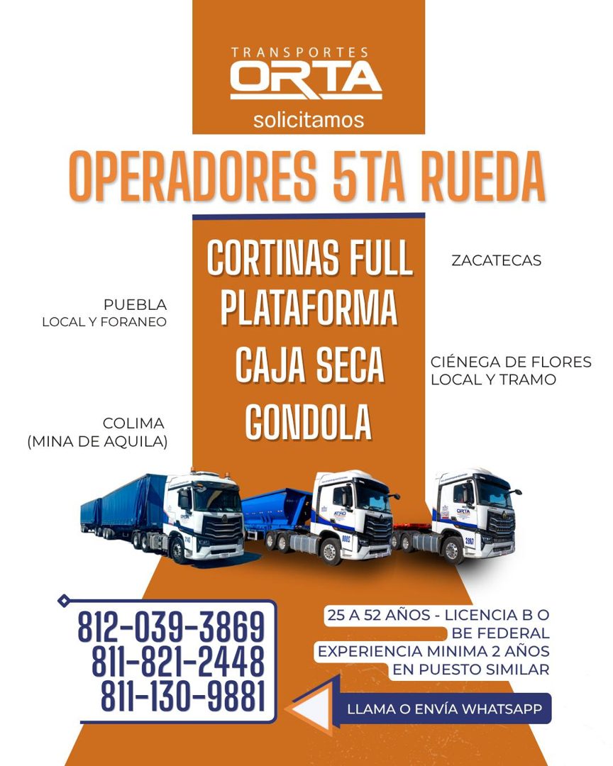 Banner del anuncio de la vacante: TRANSPORTES · ORTA · solicitamos · OPERADORES 5TA RUEDA · PUEBLA · LOCAL Y FORANEO · COLIMA · (MINA DE AQUILA) · CORTINAS FULL · PLATAFORMA 