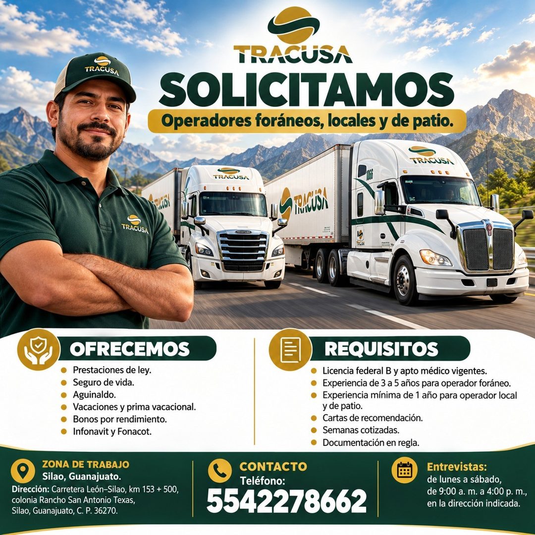 Banner del anuncio de la vacante: TRACUSA · TRACUSA · SOLICITAMOS · Operadores foráneos, locales y de patio. · TRACUSA · TRACUSA · Hini · TRACUSA · OFRECEMOS · Prestaciones d