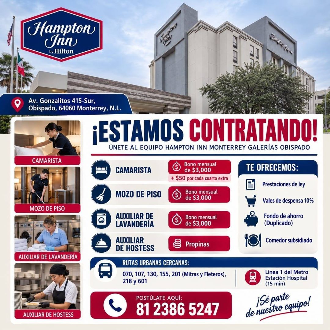 Banner del anuncio de la vacante: Hampton · Inn · by Hilton · Champion ghan c · Av. Gonzalitos 415-Sur, · Obispado, 64060 Monterrey, N.L. · ¡ESTAMOS CONTRATANDO! · ÚNETE AL E