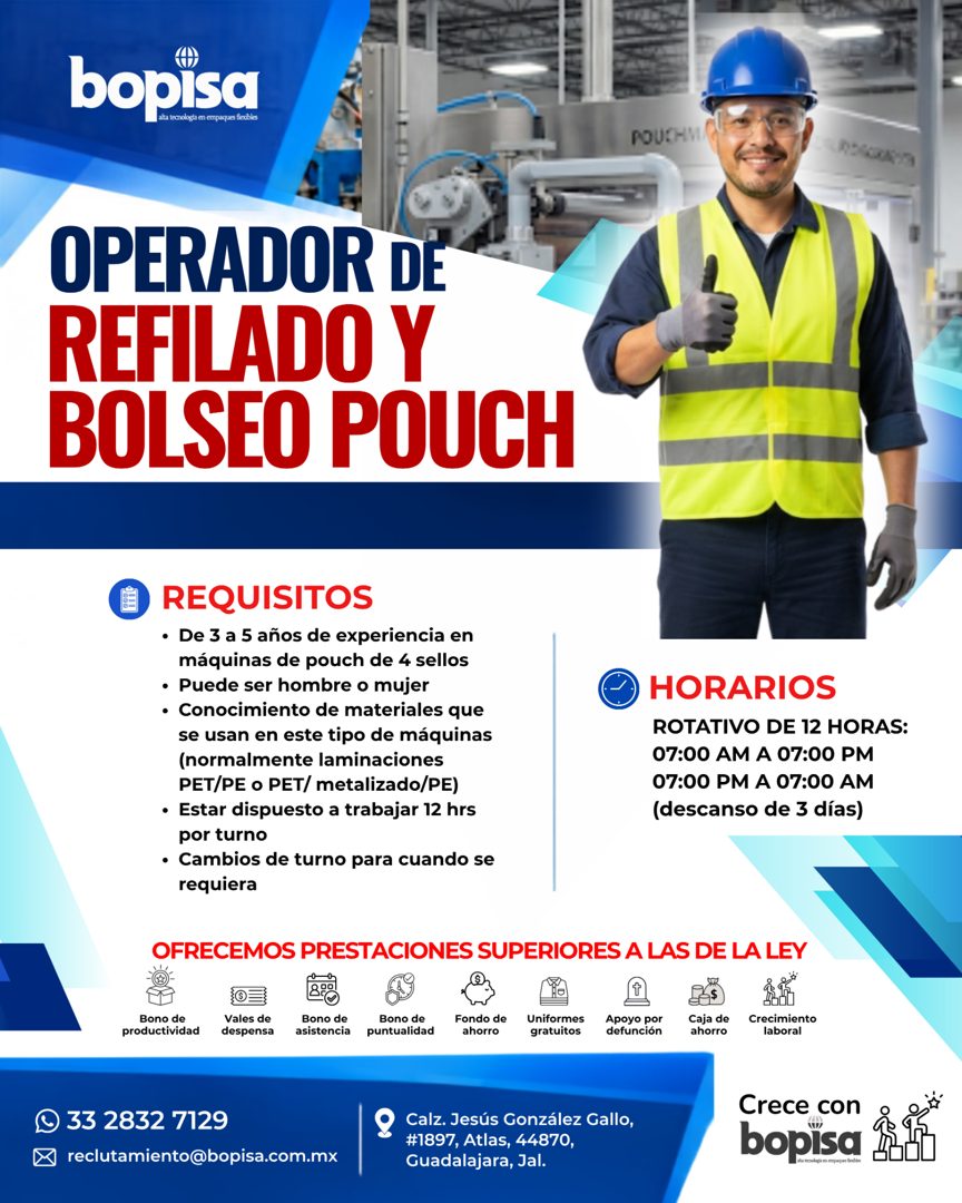 Banner del anuncio de la vacante: bopisa · tecnología en empaques flexibles · POUCHY · OPERADOR DE · REFILADO Y · BOLSEO POUCH · REQUISITOS · • De 3 a 5 años de experiencia e