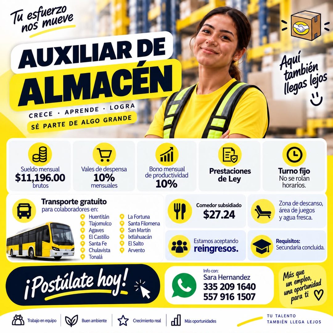 Banner del anuncio de la vacante: Tu esfuerzo · nos mueve · AUXILIAR DE · ALMACEN · CRECE • APRENDE • LOGRA · SÉ PARTE DE ALGO GRANDE · Aquí · también · llegas lejos · Sueldo
