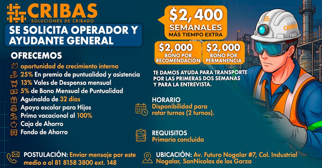 Banner del anuncio de la vacante: CRIBAS · SOLUCIONES DE CRIBADO · SE SOLICITA OPERADOR Y · AYUDANTE GENERAL · OFRECEMOS · oportunidad de crecimiento interno · 25% En premio 