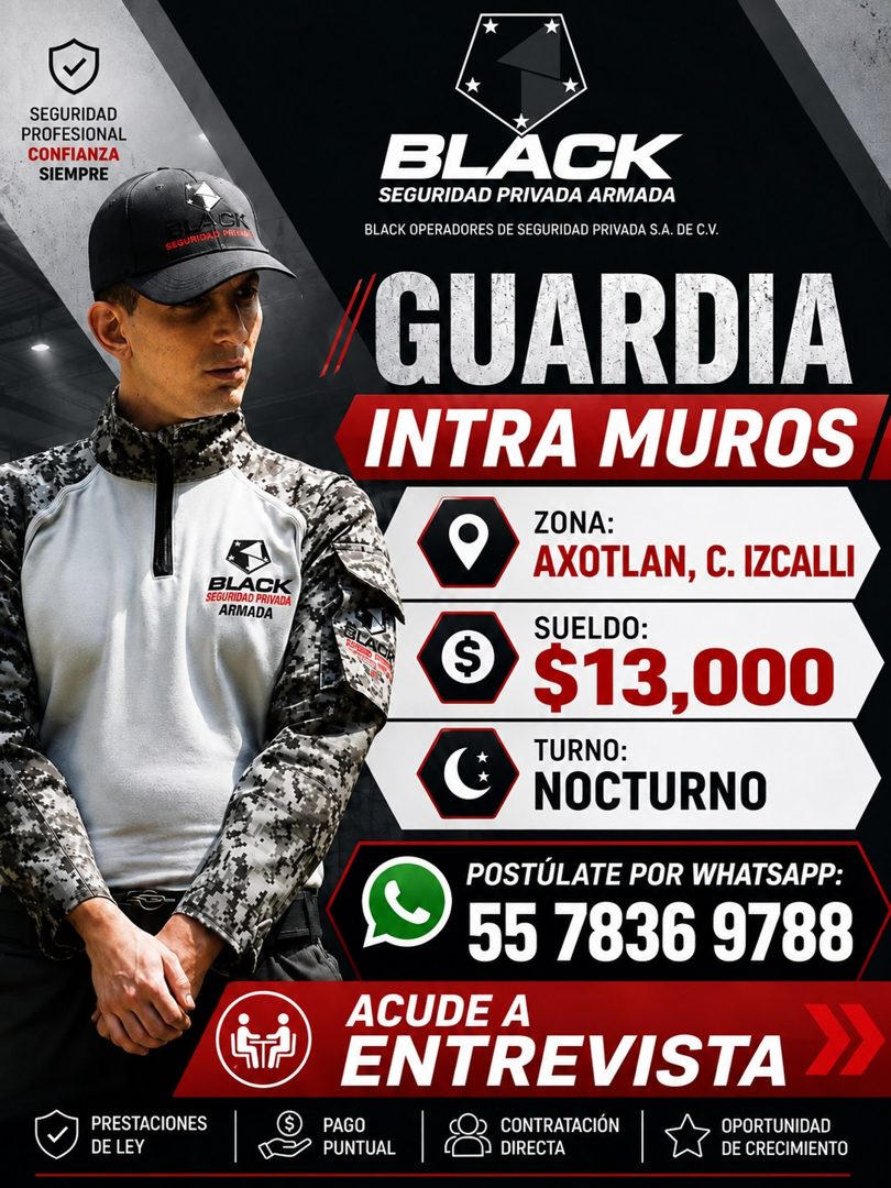 Banner del anuncio de la vacante: SEGURIDAD · PROFESIONAL · CONFIANZA · SIEMPRE · ICK · SEGURIDAD PRIV · BLACK · SEGURIDAD PRIVADA · ARMADA · PRESTACIONES · DE LEY · BLACK · 