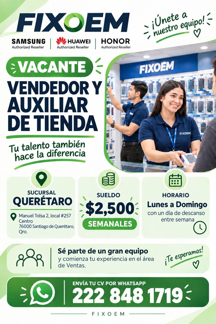 Banner del anuncio de la vacante: FIXOEM · SAMSUNG · HUAWEI · HONOR · Authorized Reseller · Authorized Reseller · Authorized Reseller · = VACANTE · VENDEDOR Y · AUXILIAR · DE