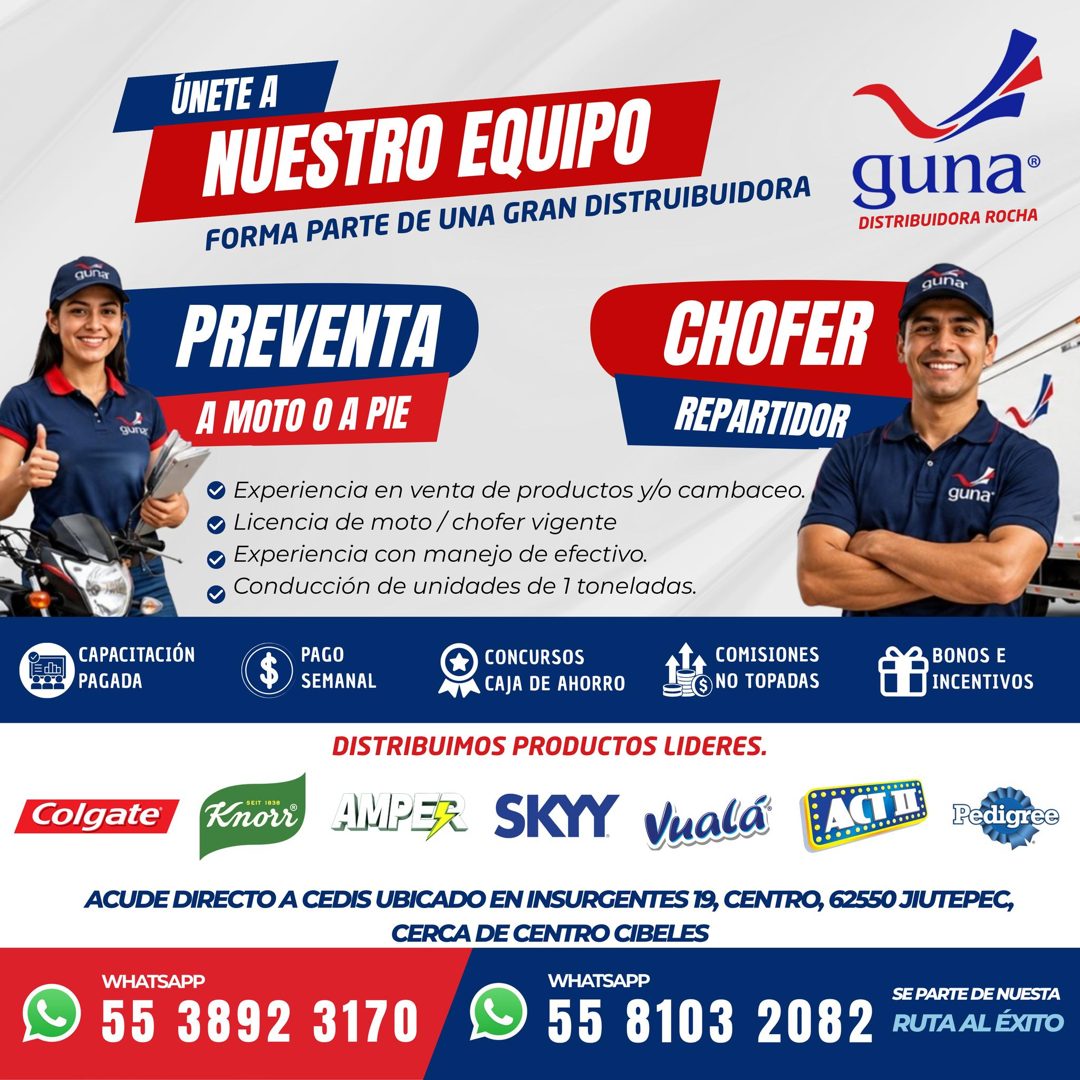 Banner del anuncio de la vacante: ÚNETE A · NUESTRO EQUIPO · FORMA PARTE DE UNA GRAN DISTRUIBUIDORA · guna · guna® · DISTRIBUIDORA ROCHA · guna · PREVENTA · CHOFER · A MOTO O