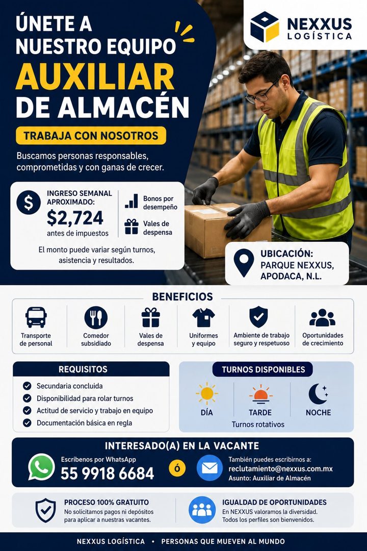 Banner del anuncio de la vacante: ÚNETE A · NUESTRO EQUIPO · AUXILIAR · DE ALMACÉN · TRABAJA CON NOSOTROS · Buscamos personas responsables, · comprometidas y con ganas de cre