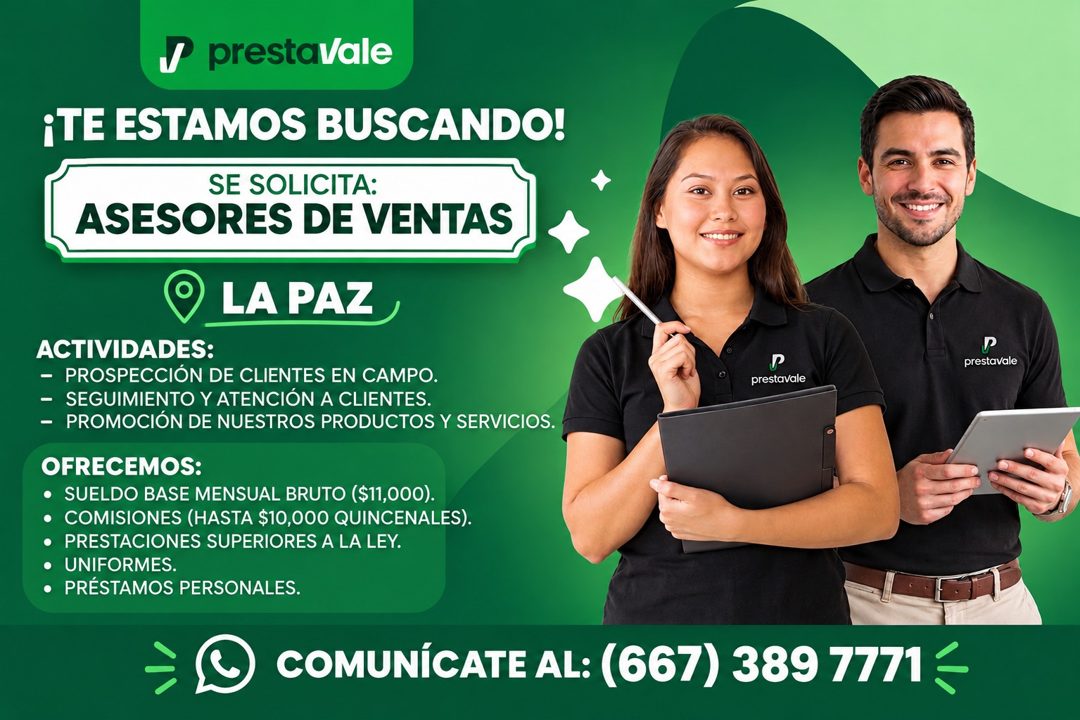 Banner del anuncio de la vacante: J prestavale · ¡TE ESTAMOS BUSCANDO! · SE SOLICITA: · ASESORES DE VENTAS · LA PAZ · ACTIVIDADES: · - PROSPECCIÓN DE CLIENTES EN CAMPO. · - S