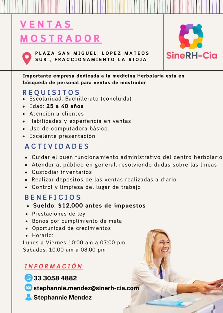 Banner del anuncio de la vacante: VENTAS · MOSTRADOR · PLAZA SAN MIGUEL, LOPEZ MATEOS · SUR, FRACCIONAMIENTO LA RIOJA · SineRH-Cia · Importante empresa dedicada a la medicina
