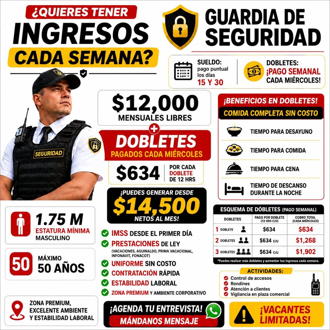 Banner del anuncio de la vacante: ¿QUIERES TENER · INGRESOS · CADA SEMANA? · GUARDIA DE · SEGURIDAD · SUELDO: · pago puntual · los días · 15 Y 30 · DOBLETES: · ¡PAGO SEMANAL 