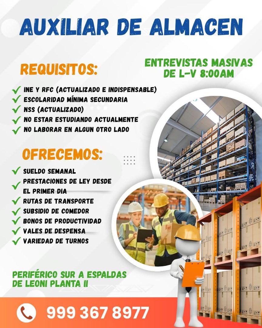 Banner del anuncio de la vacante: AUXILIAR DE ALMACEN · REQUISITOS: · INE Y RFC (ACTUALIZADO E INDISPENSABLE) · ESCOLARIDAD MÍNIMA SECUNDARIA · NSS (ACTUALIZADO) · V NO ESTAR