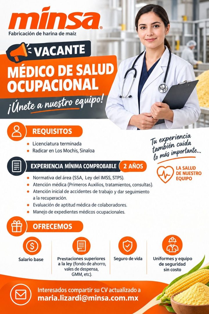 Banner del anuncio de la vacante: minsa. · Fabricación de harina de maíz · VACANTE · MÉDICO DE SALUD · OCUPACIONAL · ¡Únete a nuestro equipo! · REQUISITOS · Licenciatura term