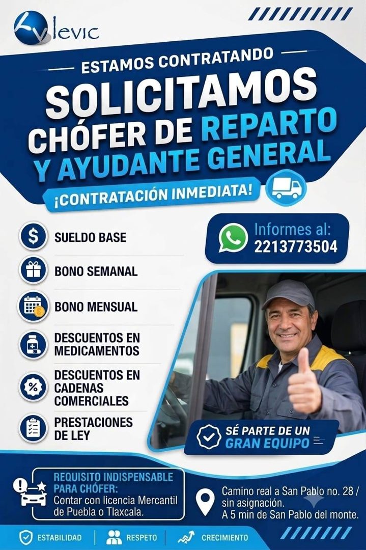Banner del anuncio de la vacante: llevic · - ESTAMOS CONTRATANDO - · SOLICITAMOS · CHÓFER DE REPARTO · Y AYUDANTE GENERAL · ¡CONTRATACIÓN INMEDIATA! · SUELDO BASE · BONO SEMA