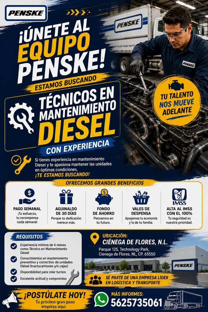 Banner del anuncio de la vacante: PENSKE · ¡ÚNETE AL · EQUIPO · PENSKE! · ESTAMOS BUSCANDO · TÉCNICOS EN · MANTENIMIENTO · DIESEL · CON EXPERIENCIA · Si tienes experiencia en