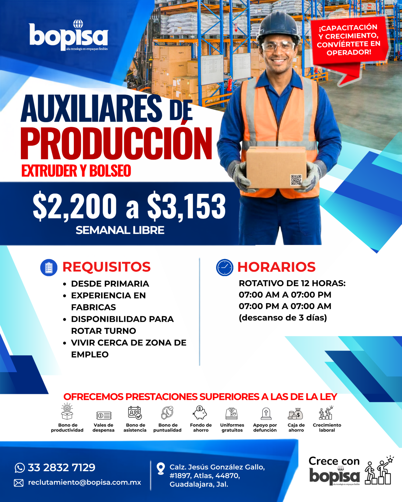 Banner del anuncio de la vacante: bopisa · tecnología en empaques flexibles · ¡CAPACITACION · Y CRECIMIENTO, · CONVÍÉRTETE EN · OPERADOR! · AUXILIARES DE · PRODUCCION · EXTRU