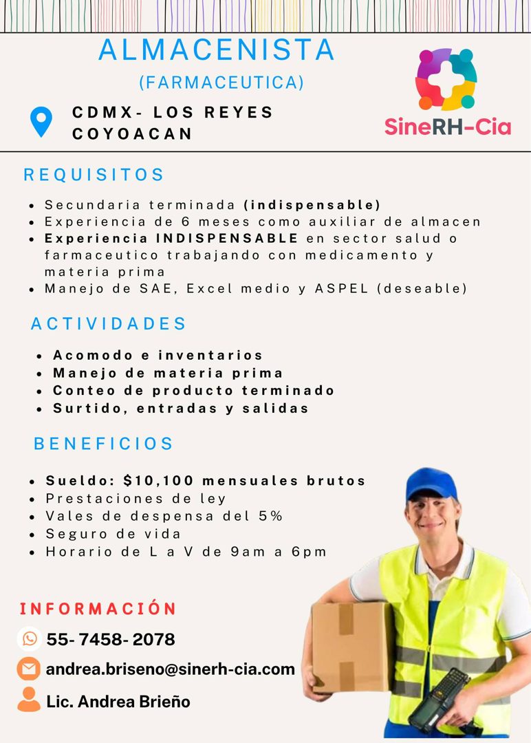 Banner del anuncio de la vacante: ALMACENISTA · (FARMACEUTICA) · CDMX- LOS REYES · COYOACAN · SineRH-Cia · REQUISITOS · • Secundaria terminada (indispensable) · • Experiencia