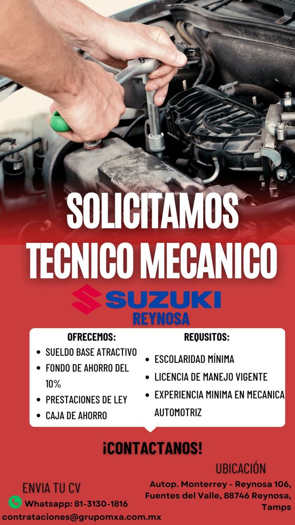 Banner del anuncio de la vacante: SOLICITAMOS · TECNICO MECANICO · SUZUKI · REYNOSA · OFRECEMOS: · • SUELDO BASE ATRACTIVO · • FONDO DE AHORRO DEL · 10% · • PRESTACIONES DE L
