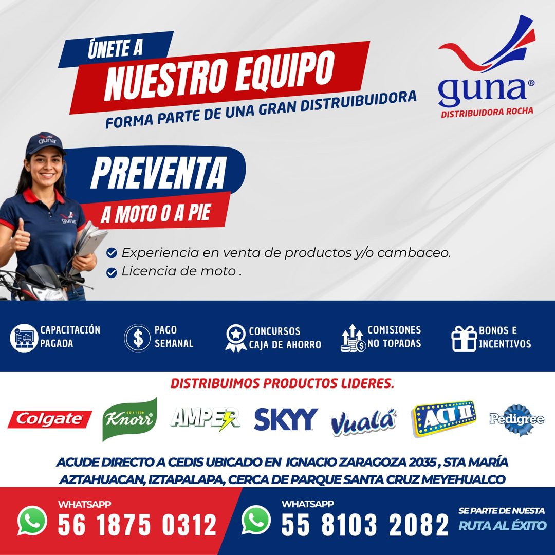 Banner del anuncio de la vacante: ÚNETE A · NUESTRO EQUIPO · FORMA PARTE DE UNA GRAN DISTRUIBUIDORA · guna® · DISTRIBUIDORA ROCHA · guna · PREVENTA · A MOTO O A PIE · Experie