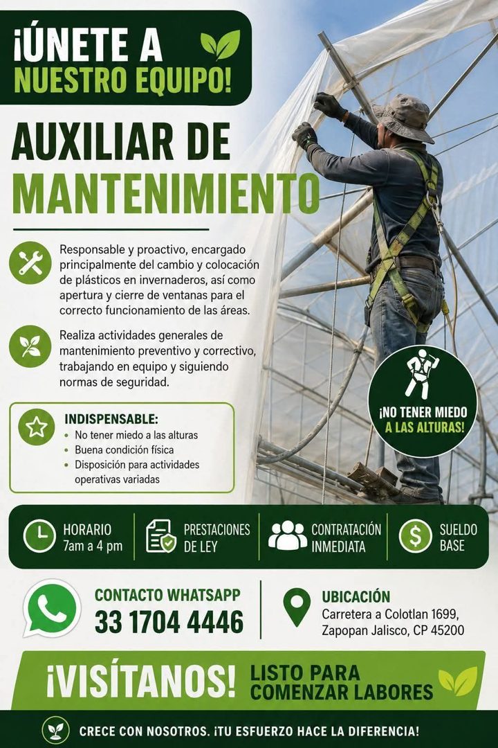 Banner del anuncio de la vacante: ¡ÚNETE A · NUESTRO EQUIPO! · AUXILIAR DE · MANTENIMIENTO · Responsable y proactivo, encargado · principalmente del cambio y colocación · de 