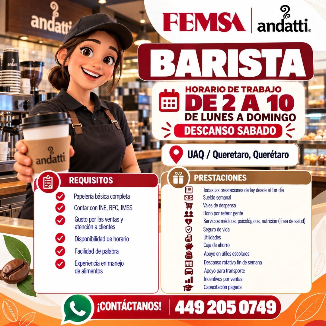 Banner del anuncio de la vacante: andat · andati · andatti · REQUISITOS · Papelería básica completa · Contar con INE, RFC, IMSS · Gusto por las ventas y · atención a clientes