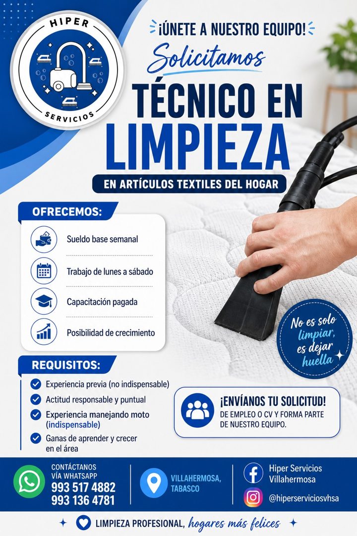 Banner del anuncio de la vacante: HIPER · SERVICIOS · ÈIÚNETE A NUESTRO EQUIPO! = · Solicitamos · TÉCNICO EN · LIMPIEZA · EN ARTÍCULOS TEXTILES DEL HOGAR · OFRECEMOS: · Sueld