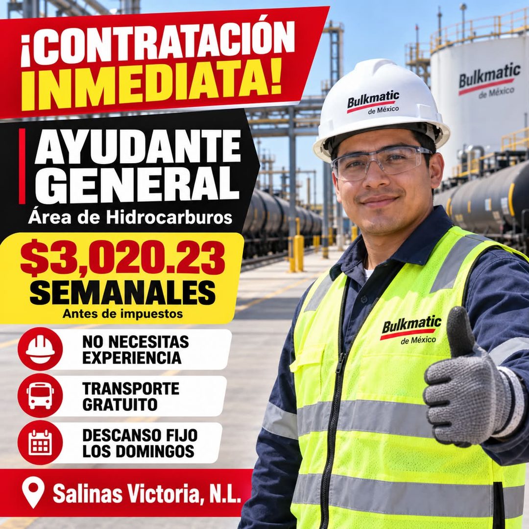 Banner del anuncio de la vacante: ¡CONTRATACIÓN · INMEDIATA! · AYUDANTE · I GENERAL · Área de Hidrocarburos · $3,020.23 · SEMANALES · Antes de impuestos · NO NECESITAS · EXPE