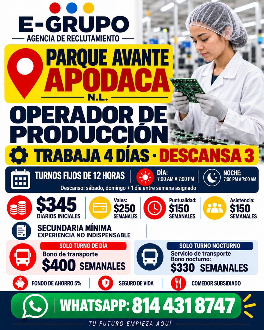Banner del anuncio de la vacante: E-GRUPO · — AGENCIA DE RECLUTAMIENTO — · PARQUE AVANTE · APODACA · N.L. - · OPERADOR DE · PRODUCCION · TRABAJA 4 DÍAS • DESCANSA 3 · TURNOS 