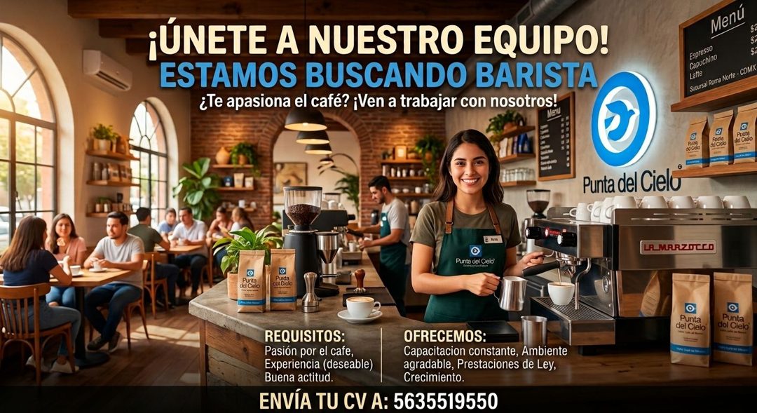 Banner del anuncio de la vacante: ¡ÚNETE A NUESTRO EQUIPO! · ESTAMOS BUSCANDO BARISTA · ¿Te apasiona el café? ¡Ven a trabajar con nosotros! · Мепи · S · Espresso · Capuchino 