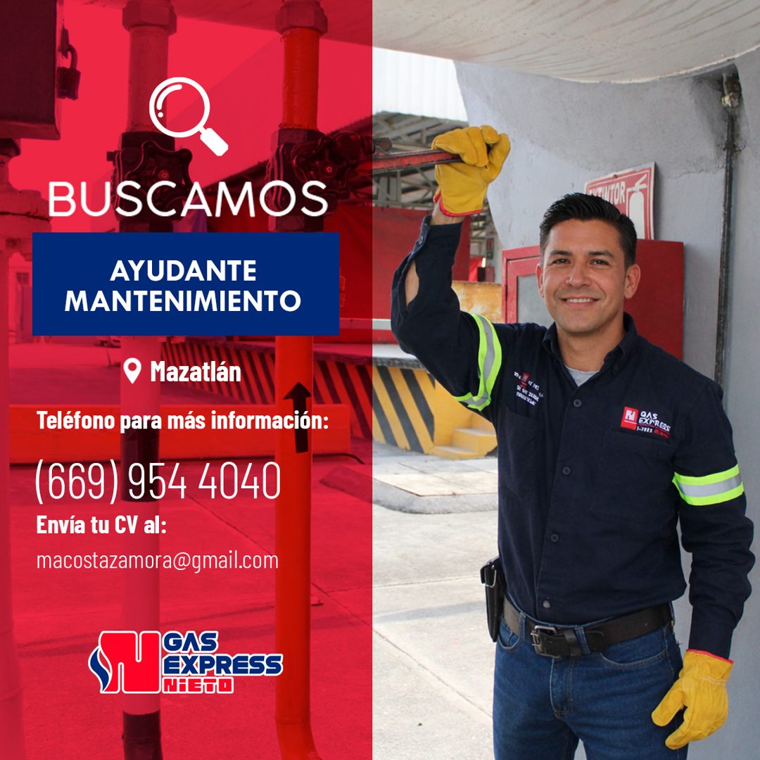 Banner del anuncio de la vacante: BUSCAMOS · AYUDANTE · MANTENIMIENTO · • Mazatlán · Teléfono para más información: · (669) 954 4040 · Envía tu CV al: · macostazamora@gmail.c