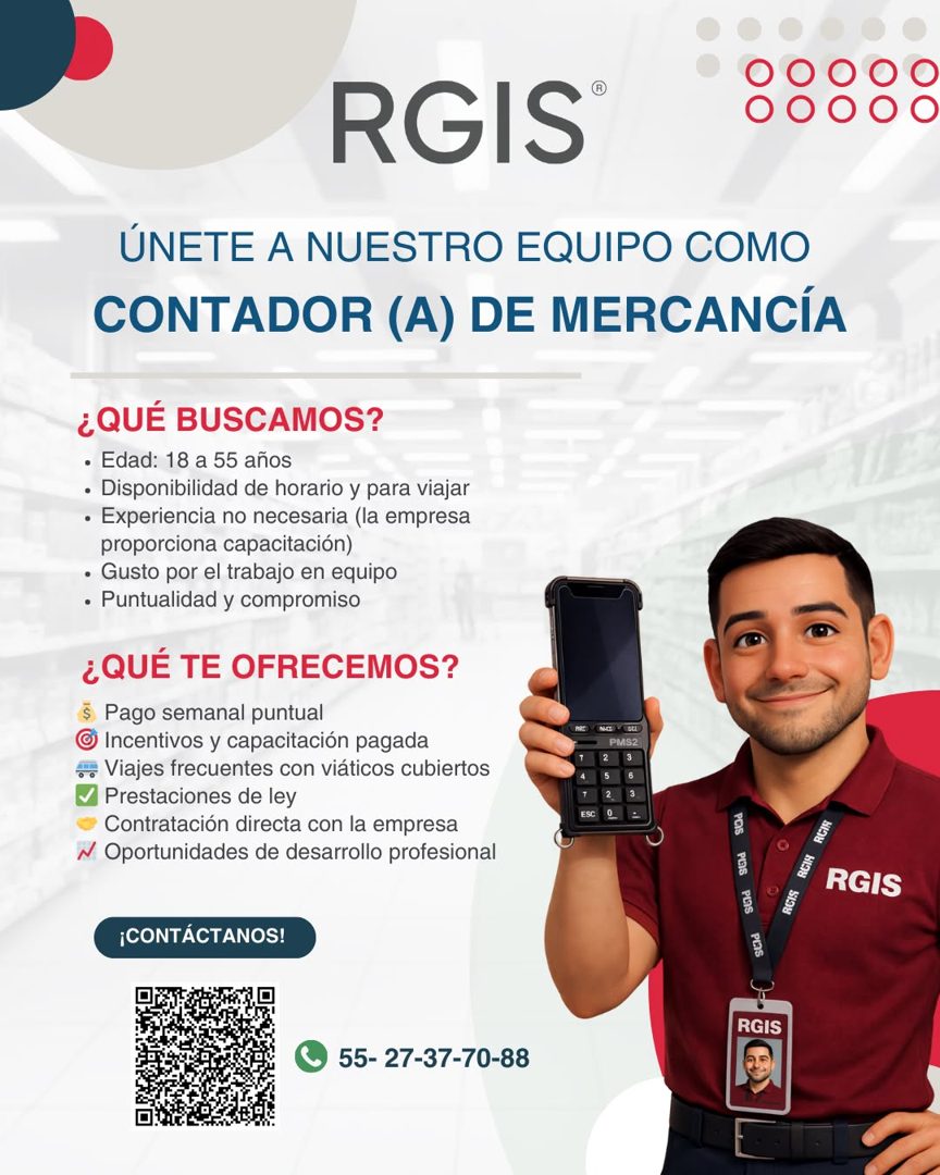 Banner del anuncio de la vacante: RGIS® · ÚNETE A NUESTRO EQUIPO COMO · CONTADOR (A) DE MERCANCÍA · ¿QUÉ BUSCAMOS? · • Edad: 18 a 55 años · • Disponibilidad de horario y para