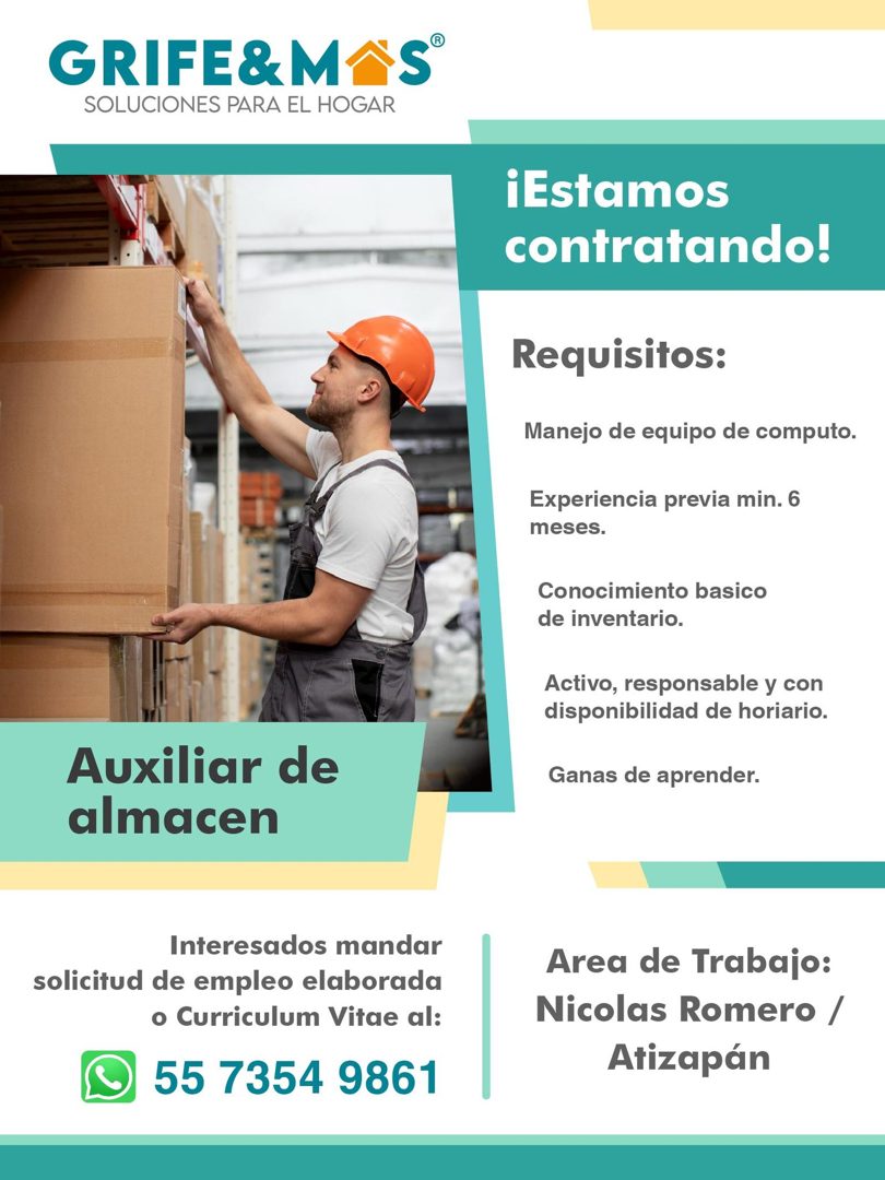 Banner del anuncio de la vacante: GRIFE&M · SOLUCIONES PARA EL HOGAR · ¡Estamos · contratando! · Requisitos: · Manejo de equipo de computo. · Experiencia previa min. 6 · mese