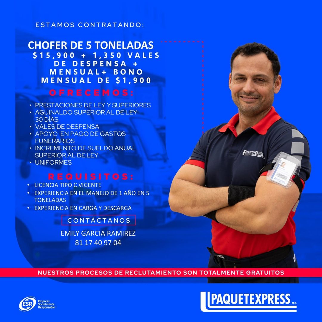 Banner del anuncio de la vacante: ESTAMOS CONTRATANDO: · CHOFER DE 5 TONELADAS · $15,900 + 1,350 VALES · DE DESPENSA + · MENSUAL + BONO · MENSUAL DE $1,900 · OFRECEMOS: · • P