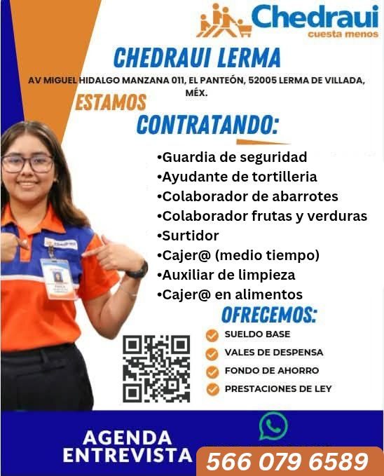 Banner del anuncio de la vacante: Chedraui · cuesta menos · CHEDRAUI LERMA · AV MIGUEL HIDALGO MANZANA 011, EL PANTEÓN, 52005 LERMA DE VILLADA, · MEX. · ESTAMOS · CONTRATANDO