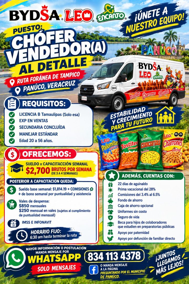 Banner del anuncio de la vacante: BYDSA LEC · • ENCANTO · PUESTO: · CHOFER · VENDEDOR(A) · AL DETALLE · O RUTA FORÁNEA DE TAMPICO · • PANÚCO, VERACRUZ · ¡ÚNETE A · NUESTRO EQ