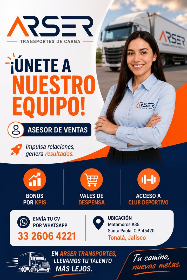 Banner del anuncio de la vacante: ASE · TRANSPORTES DE CARGA · ¡ÚNETE A · NUESTRO · EQUIPO! · ASESOR DE VENTAS · Impulsa relaciones, · genera resultados. · 1R5ER · - TRANSPOR