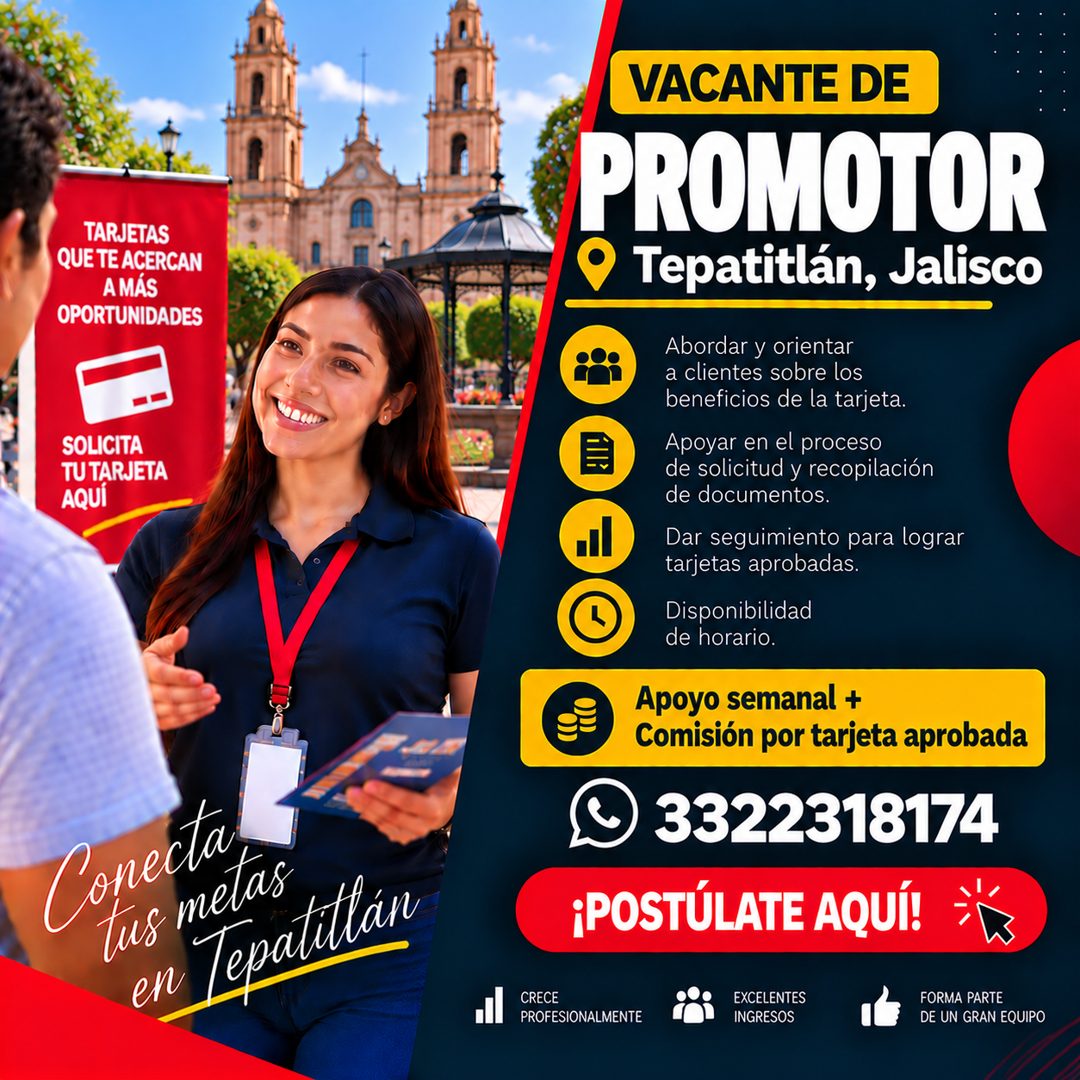 Banner del anuncio de la vacante: TARJETAS · QUE TE ACERCAN · A MÁS · OPORTUNIDADES · SOLICITA · TU TARJETA · AQUI · Copecta · tus metas · en Tepatillán · VACANTE DE · PROMOT