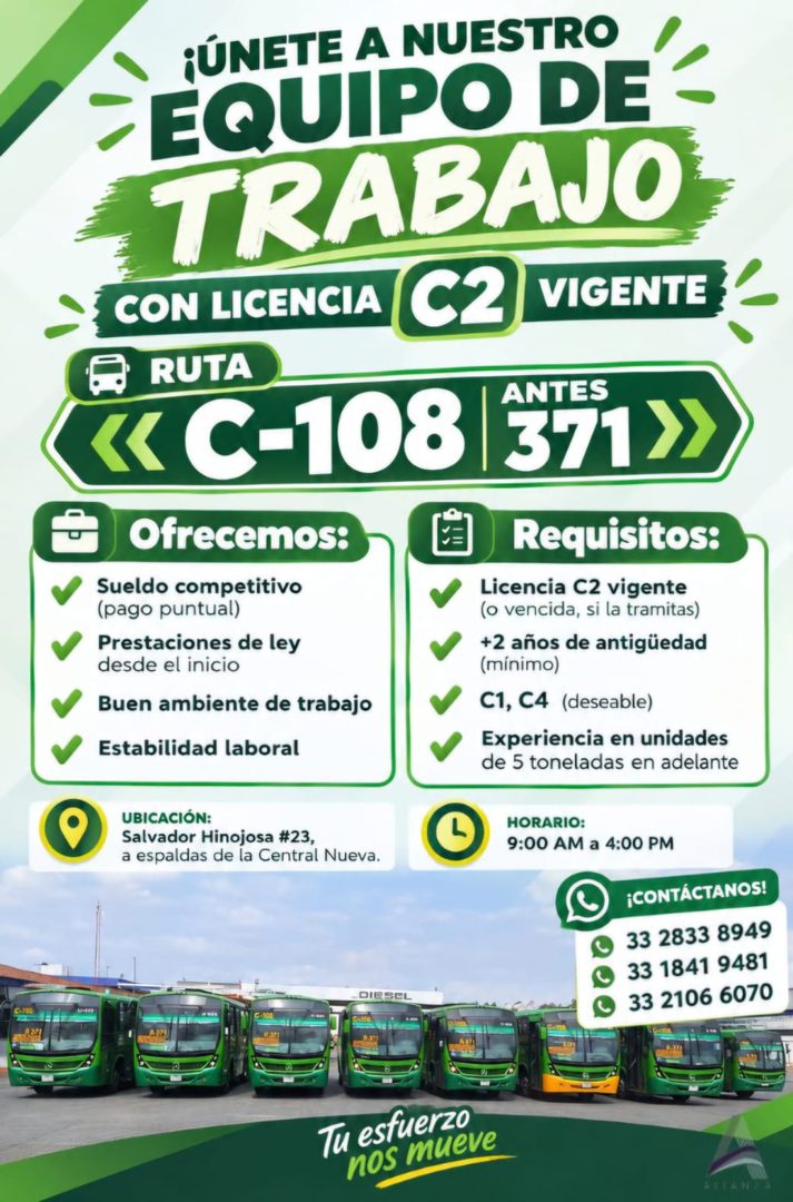 Banner del anuncio de la vacante: ¡ÚNETE A NUESTRO · EQUIPO DE · TRABAJO · CON LICENCIA C2 VIGENTE · RUTA · IC-108 · ANTES · 371> · Ofrecemos: · Sueldo competitivo · (pago pu