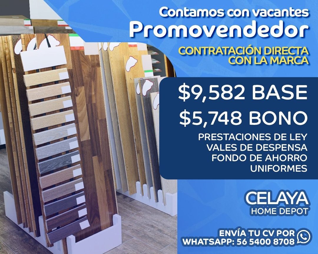 Banner del anuncio de la vacante: Contamos con vacantes · Promovendedor · CONTRATACIÓN DIRECTA · CON LA MARCA · $9,582 BASE · $5,748 BONO · PRESTACIONES DE LEY · VALES DE DES