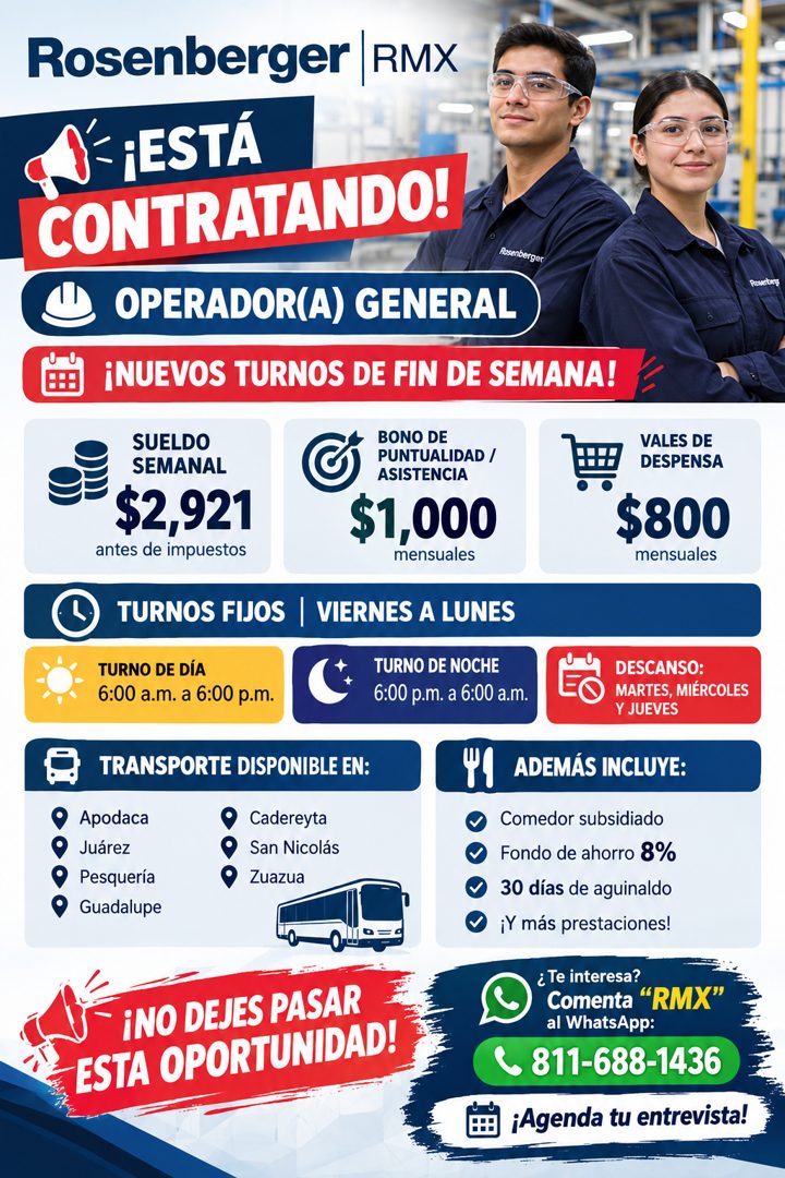 Banner del anuncio de la vacante: Rosenberger RMX · ¡ESTÁ · CONTRATANDO! · Rosenberger · ,OPERADOR(A) GENERAL · ¡NUEVOS TURNOS DE FIN DE SEMANA! · SUELDO · SEMANAL · $2,921 ·