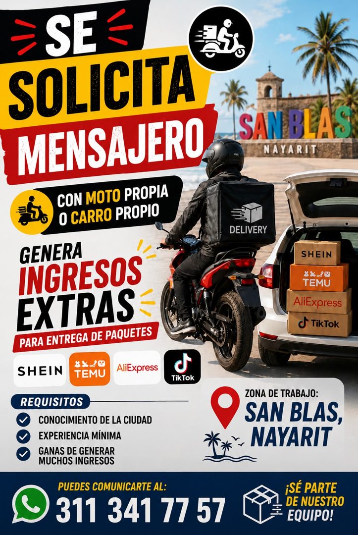Banner del anuncio de la vacante: SE · SOLICITA · MENSAJERO · CON MOTO PROPIA · O CARRO PROPIO · GENERA · INGRESOS · EXTRAS · PARA ENTREGA DE PAQUETES · SHEIN · 8%00 · TEMU ·