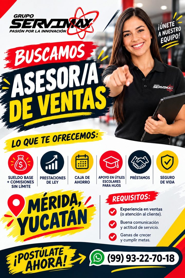 Banner del anuncio de la vacante: GRUPO · SERVA · PASIÓN POR LA INNOVACIÓN · ¡ÚNETE · A NUESTRO · EQUIPO! · BUSCAMOS · ASESOR/A · DE VENTAS · SERVIMAS · LO QUE TE OFRECEMOS: 