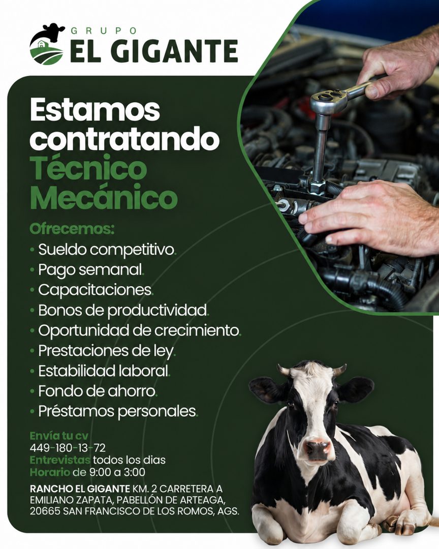 Banner del anuncio de la vacante: GRUPO · EL GIGANTE · Estamos · contratando · Técnico · Mecánico · Ofrecemos: · • Sueldo competitivo. · • Pago semanal. · • Capacitaciones. ·