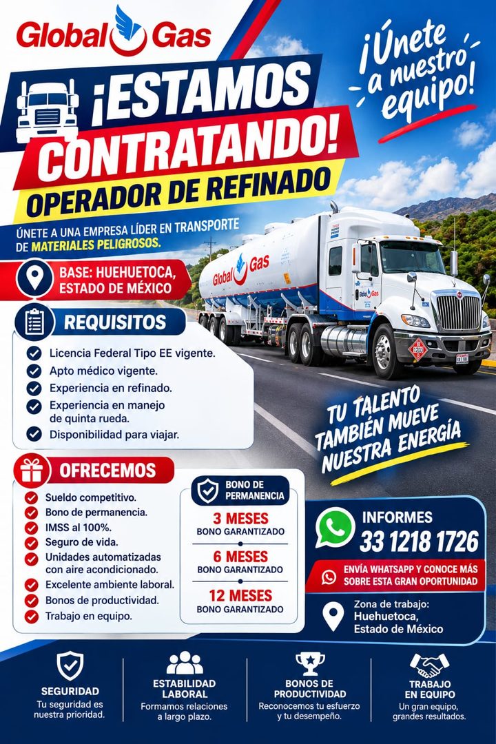 Banner del anuncio de la vacante: Global · Gas · ¡ESTAMOS · CONTRATANDO! · OPERADOR DE REFINADO · ÚNETE A UNA EMPRESA LÍDER EN TRANSPORTE · DE MATERIALES PELIGROSOS. · BASE: 
