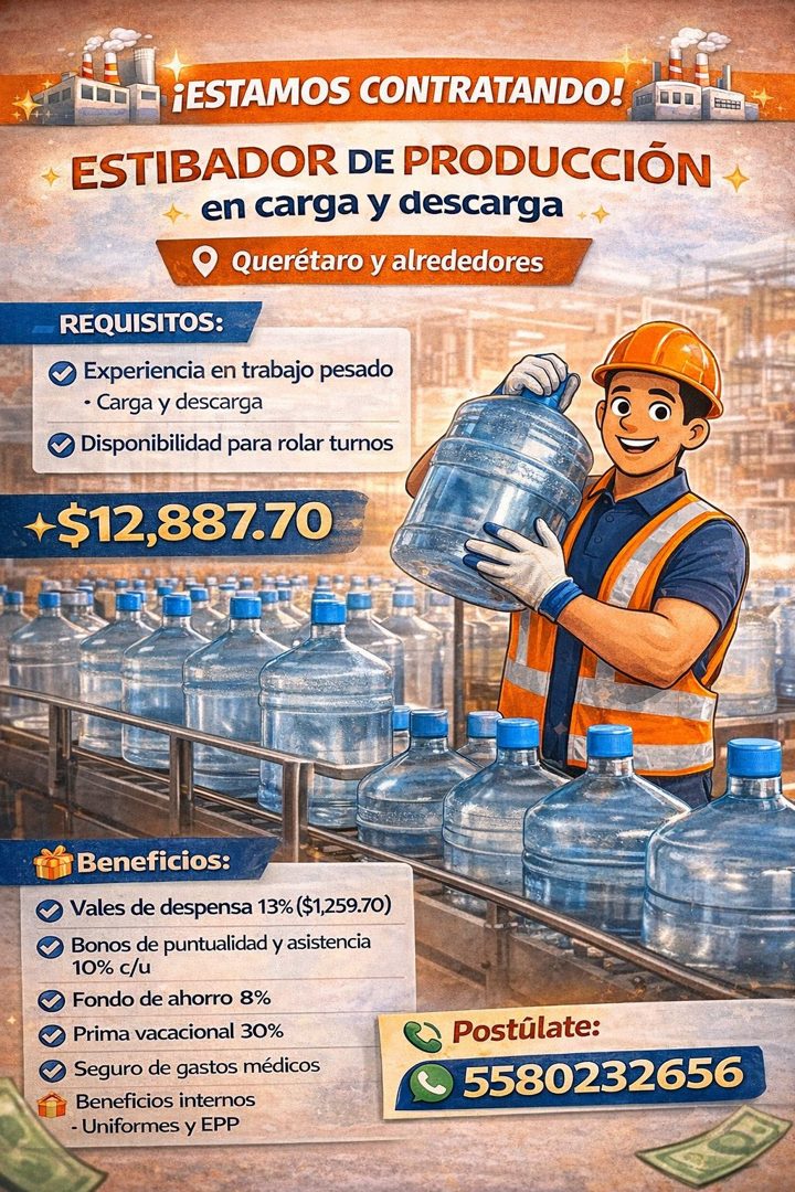 Banner del anuncio de la vacante: LUT ¡ESTAMOS CONTRATANDO! · ESTIBADOR DE PRODUCCIÓN · en carga y descarga · Querétaro y alrededores · REQUISITOS: · Experiencia en trabajo p