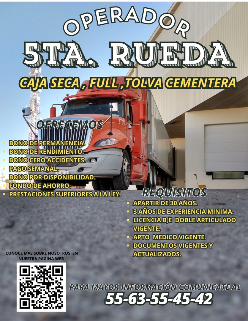 Banner del anuncio de la vacante: OPERADOR · STA. RUEDA · CAJA SECA, FULL,TOLVA CEMENTERA · OFRECEMOS · BONO DE PERMANENCIA · BONO DE RENDIMIENTO · •BONO CERO ACCIDENTES. · P