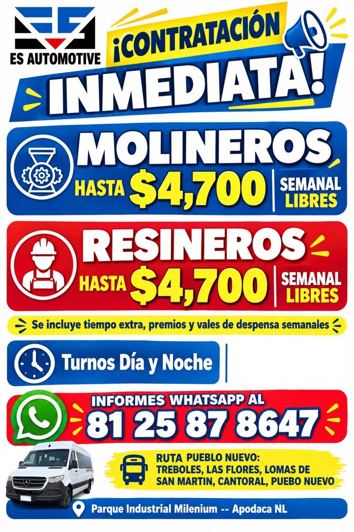 Banner del anuncio de la vacante: ES AUTOMOTIVE · ¡CONTRATACIÓN · INMEDIATA! · MOLINEROS · HASTA S4,700| TRANS · LIBRES · RESINEROS < · HASTA S 4,700 · SEMANAL · LIBRES · Se 