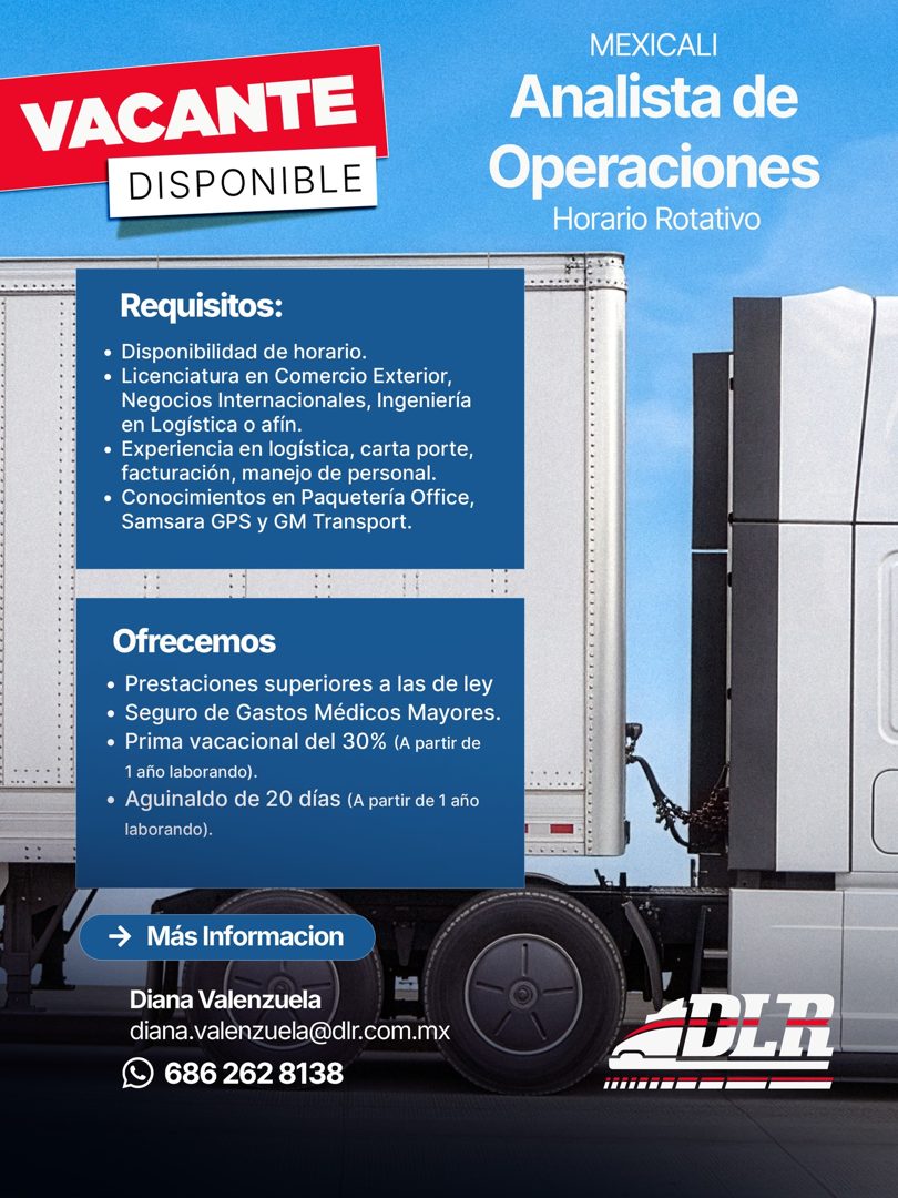 Banner del anuncio de la vacante: VACANTE · DISPONIBLE · MEXICALI · Analista de · Operaciones · Horario Rotativo · Requisitos: · • Disponibilidad de horario. · • Licenciatura