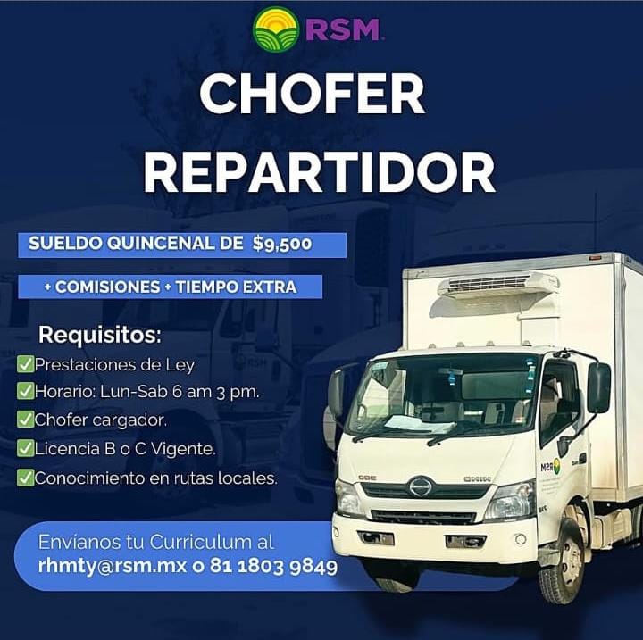 Banner del anuncio de la vacante: RSM · CHOFER · REPARTIDOR · SUELDO QUINCENAL DE $9,500 · + COMISIONES + TIEMPO EXTRA · Requisitos: · •Prestaciones de Ley · Horario: Lun-Sab