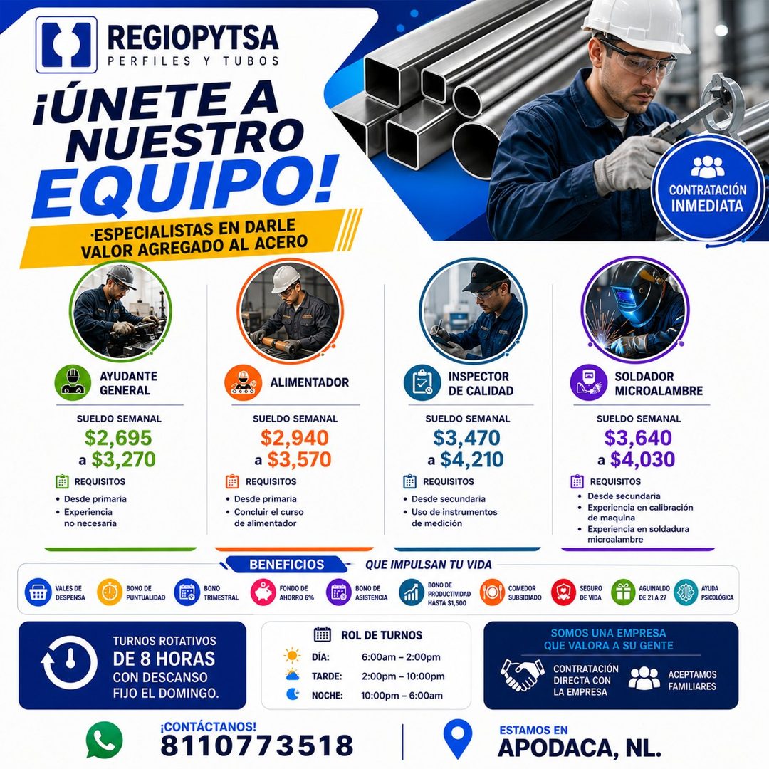 Banner del anuncio de la vacante: REGIOPYTSA · PERFILES Y TUBOS · ¡ÚNETE A · NUESTRO · EQUIPO! · •ESPECIALISTAS EN DARLE · VALOR AGREGADO AL ACERO · CONTRATACIÓN · INMEDIATA 