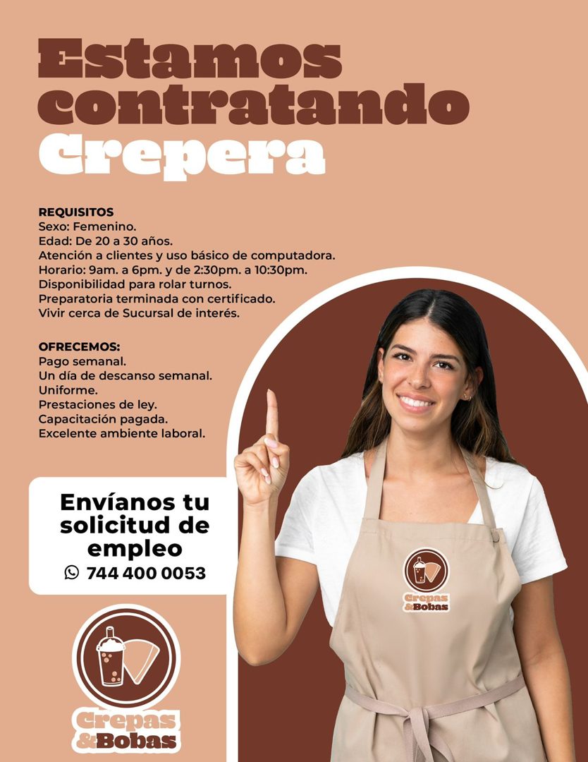 Banner del anuncio de la vacante: Estamos · contratando · сгерега · REQUISITOS · Sexo: Femenino. · Edad: De 20 a 30 años. · Atención a clientes y uso básico de computadora. ·